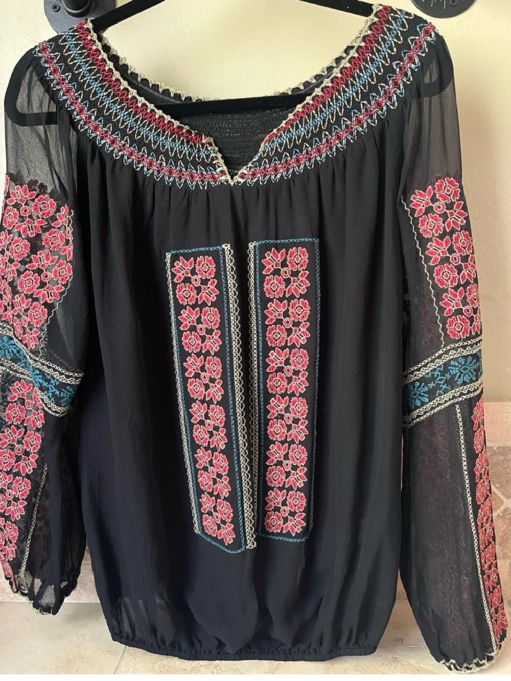 Black Embroidered Peasant Top with Pink Floral Detail